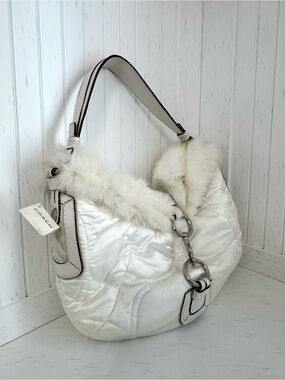NWT, Y2K, Coach, Vintage, SoHo Ski, Cream Satin, Fur-Trim, Shoulder Bag